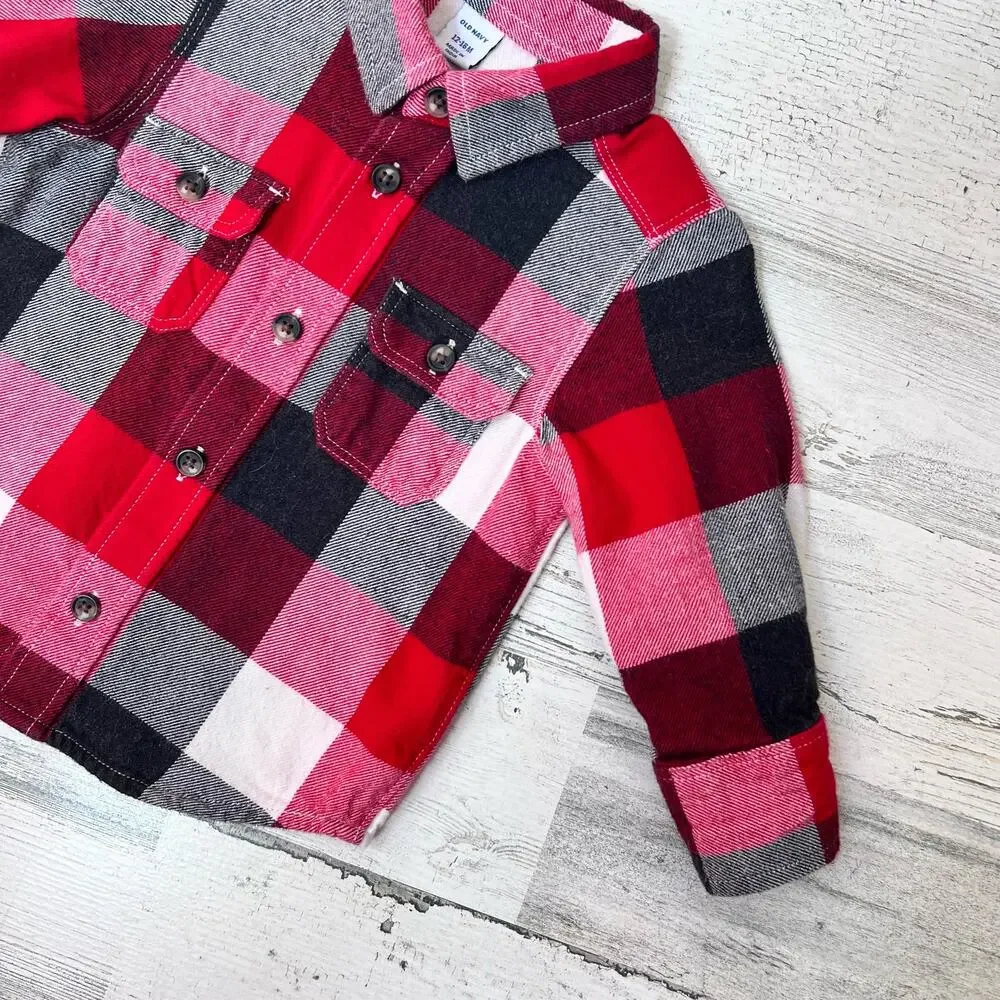Old Navy Flannel Shirt Boys 12-18M Red Plaid Cotton Long Sleeve Button